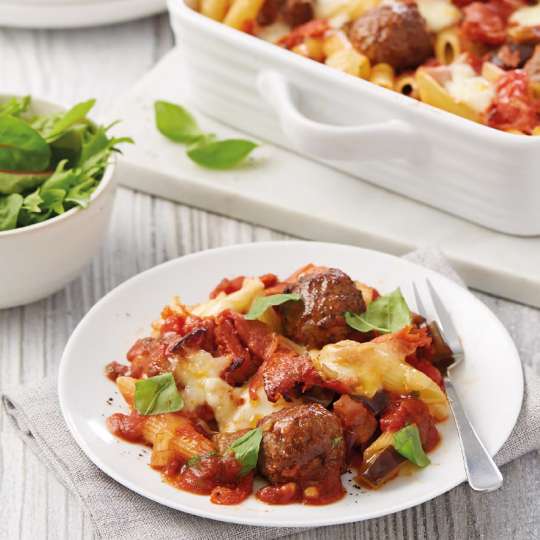 Golden Meatball Pasta Bake