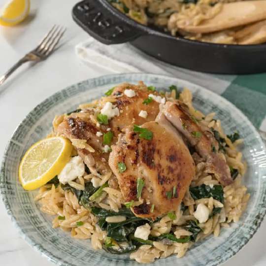 Indulge in Italian Grilled Chicken with Spinach Orzo + Classic Carnaroli