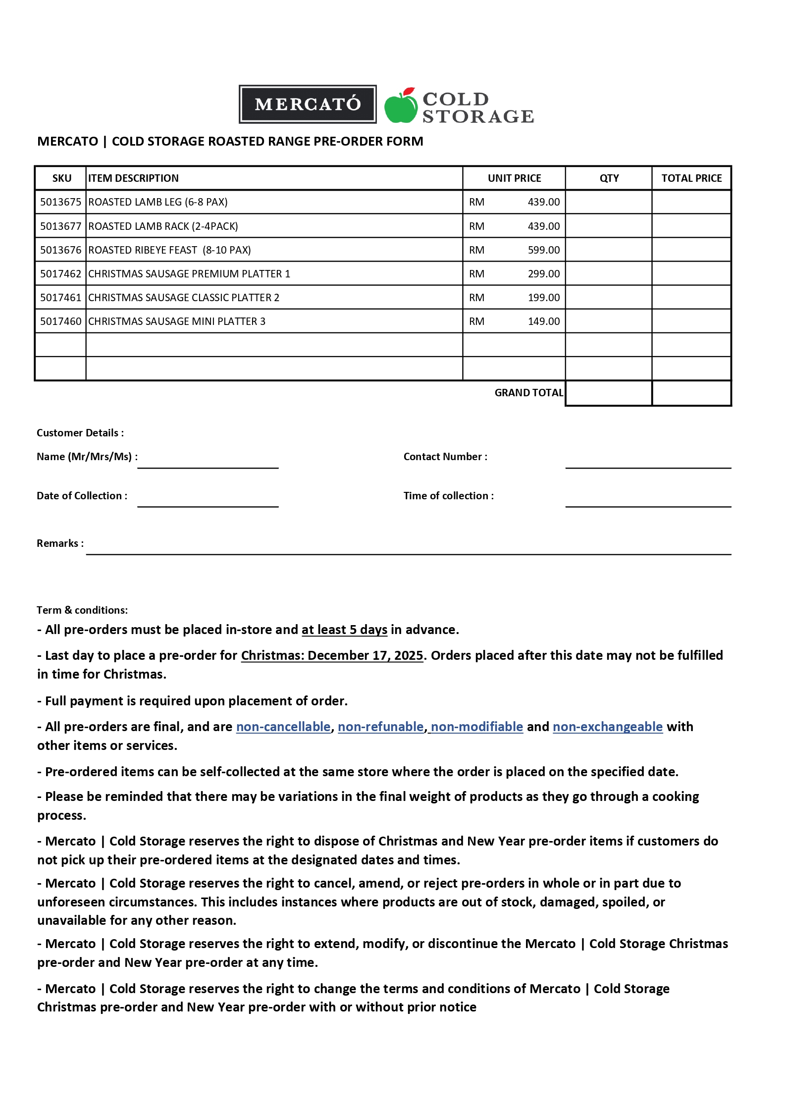 Mercato Christmas Pre Order Form